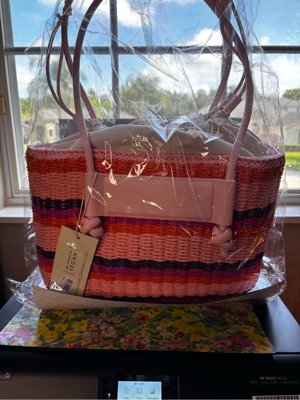 Striped Pink Woven Tote with Vegan Leather Trim